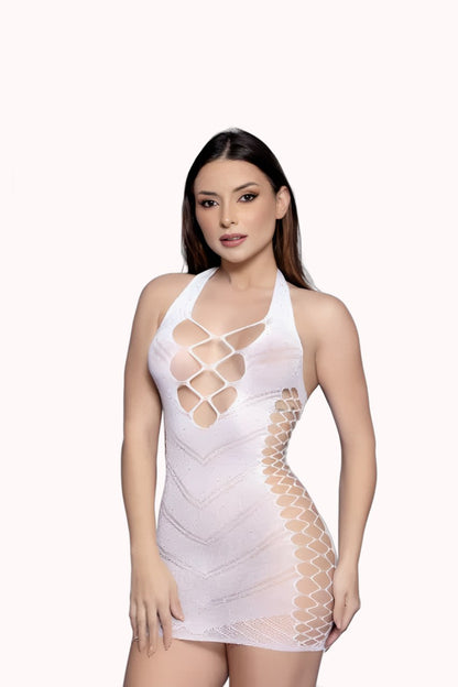 Vestido Bodystocking com Recorte e Strass Branco – Doce Malícia