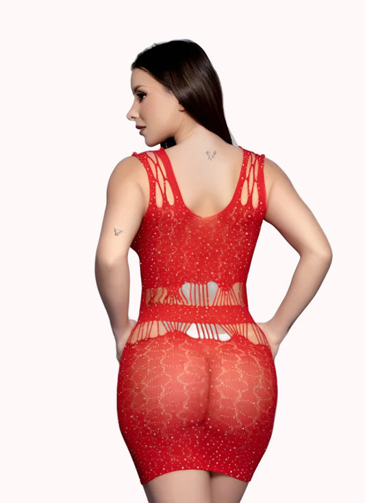 Vestido Bodystocking Vermelho com Strass – Doce Malícia