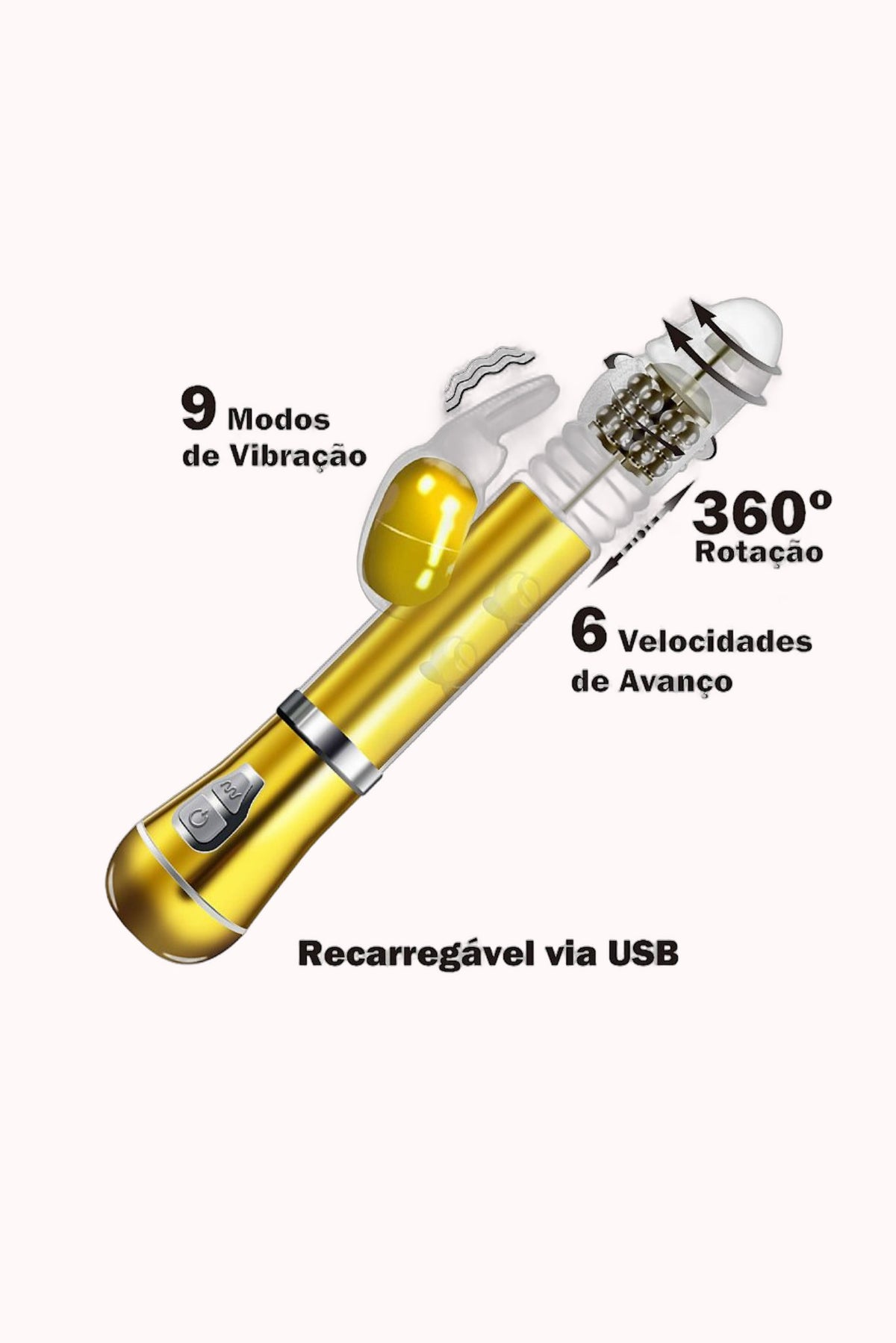 Vibrador Rotativo de Coelho Cromado Recarregável – Vai e Vem – Doce Malícia