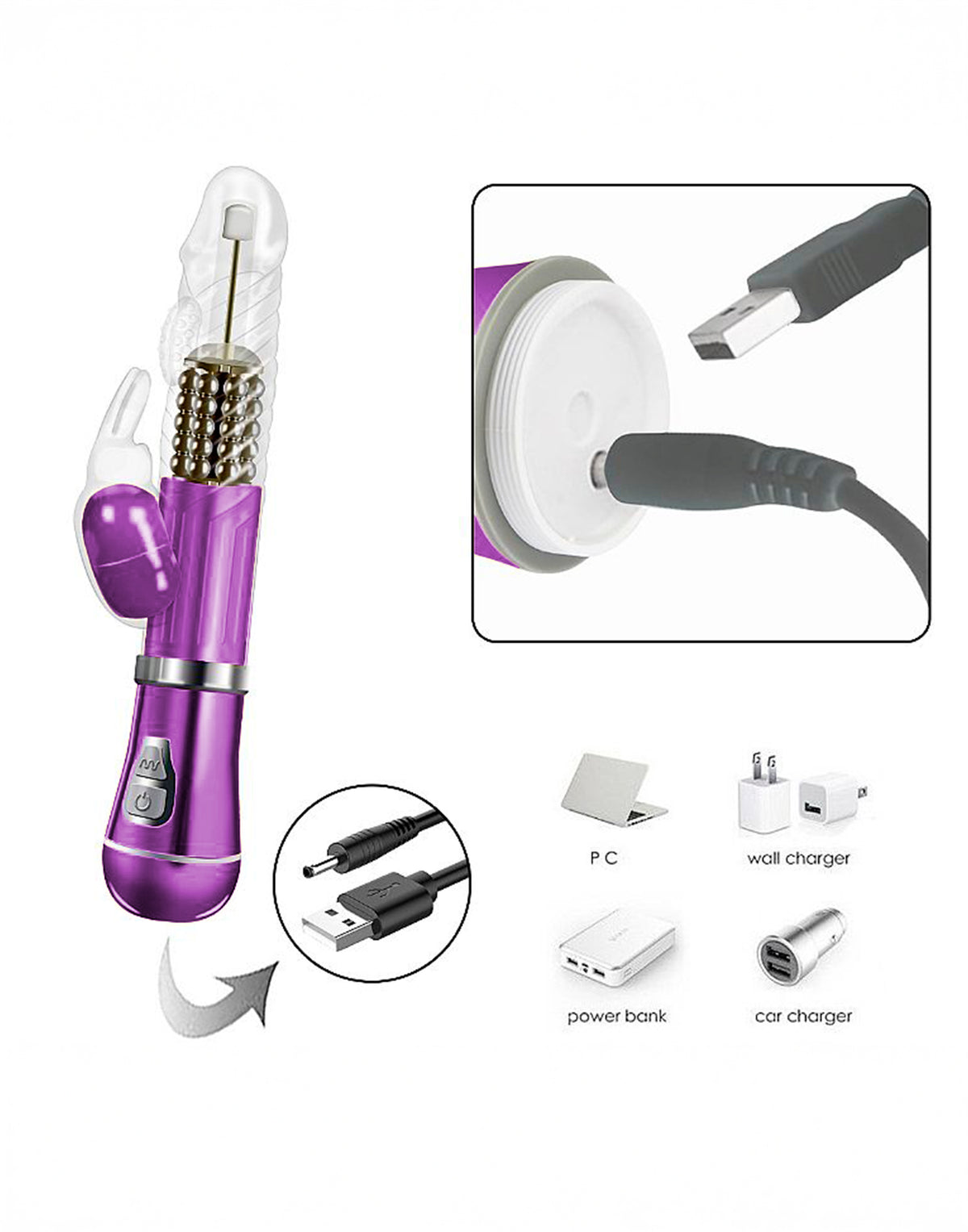 Vibrador Rotativo de Coelho Cromado em roxo – Doce Malícia