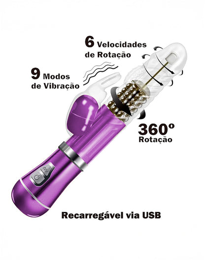 Vibrador Rotativo de Coelho Cromado em roxo – Doce Malícia