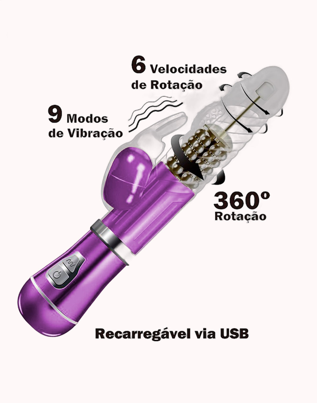 Vibrador Rotativo de Coelho Cromado Recarregável Roxo Metálico – Doce Malícia